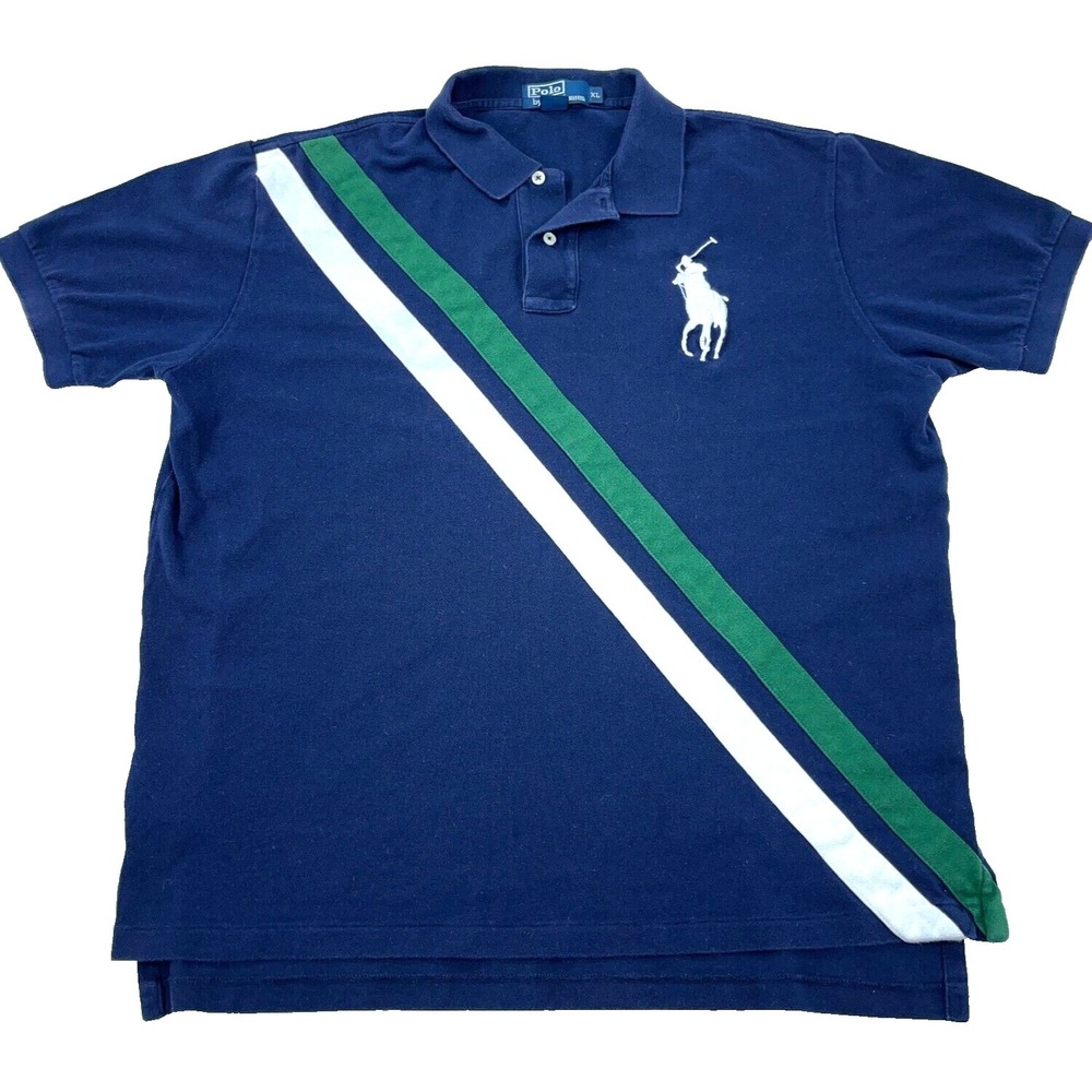 Ralph Lauren Polo Shirt Men XL Blue Green White Big Pony Rugby VTG Y2K Navy